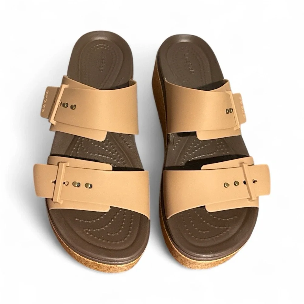 CROCS Tan and Brown Wedge Slide Sandals